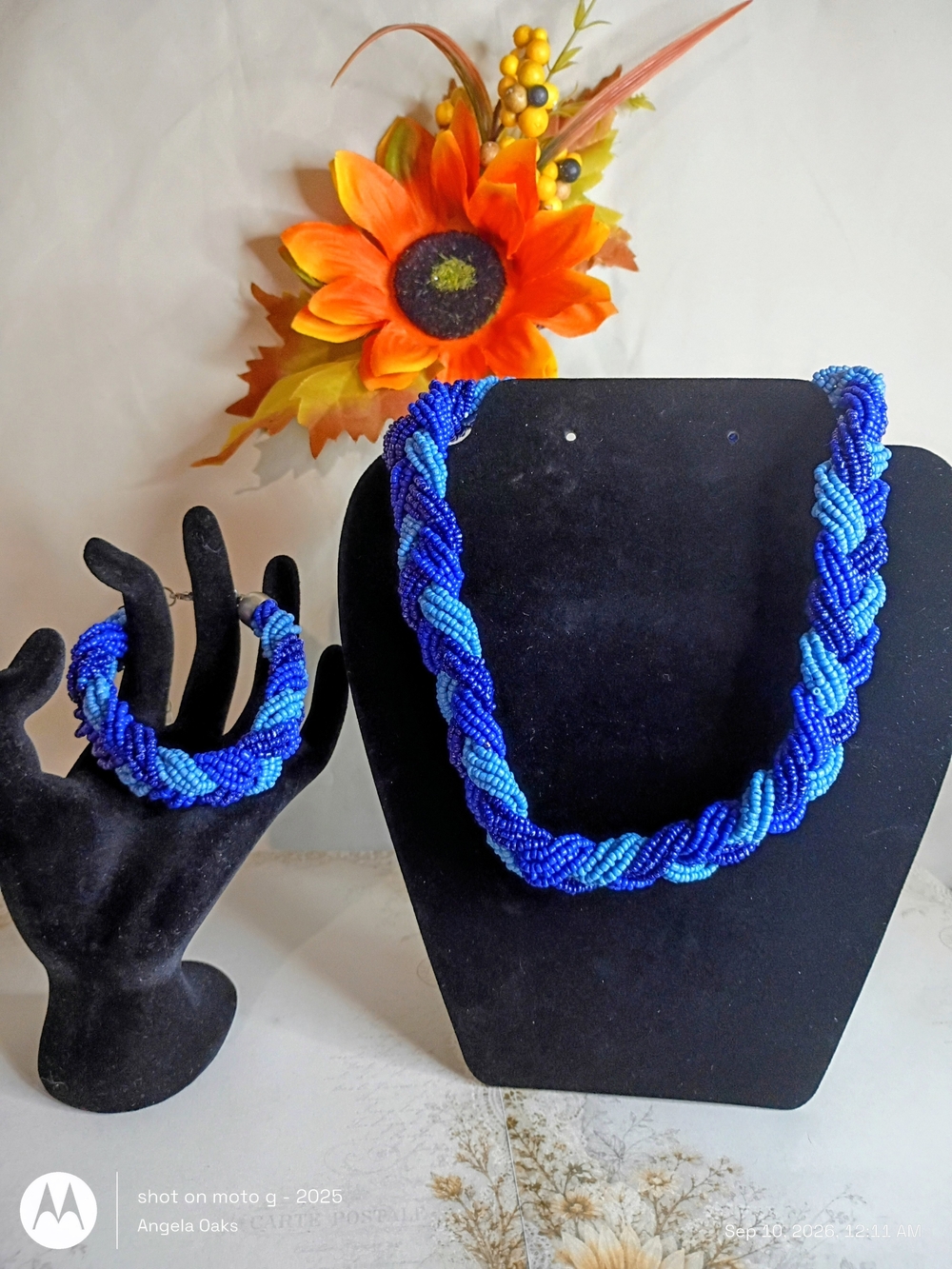 Handcrafted Blue Braided Seed Bead Necklace and Bracelet Set